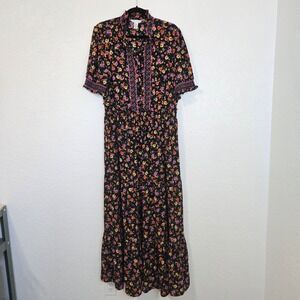 London Times Womens 16 Black Floral Maxi Dress Short Sleeve High Neck Boho